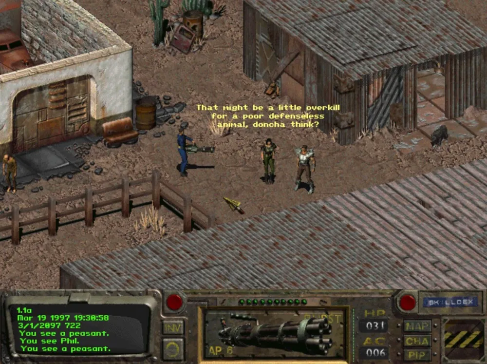 Gameplay from Fallout, showing characters, buildings, and a dialogue box.