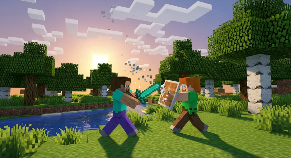 Two Minecraft characters fighting with swords and shields at sunset.